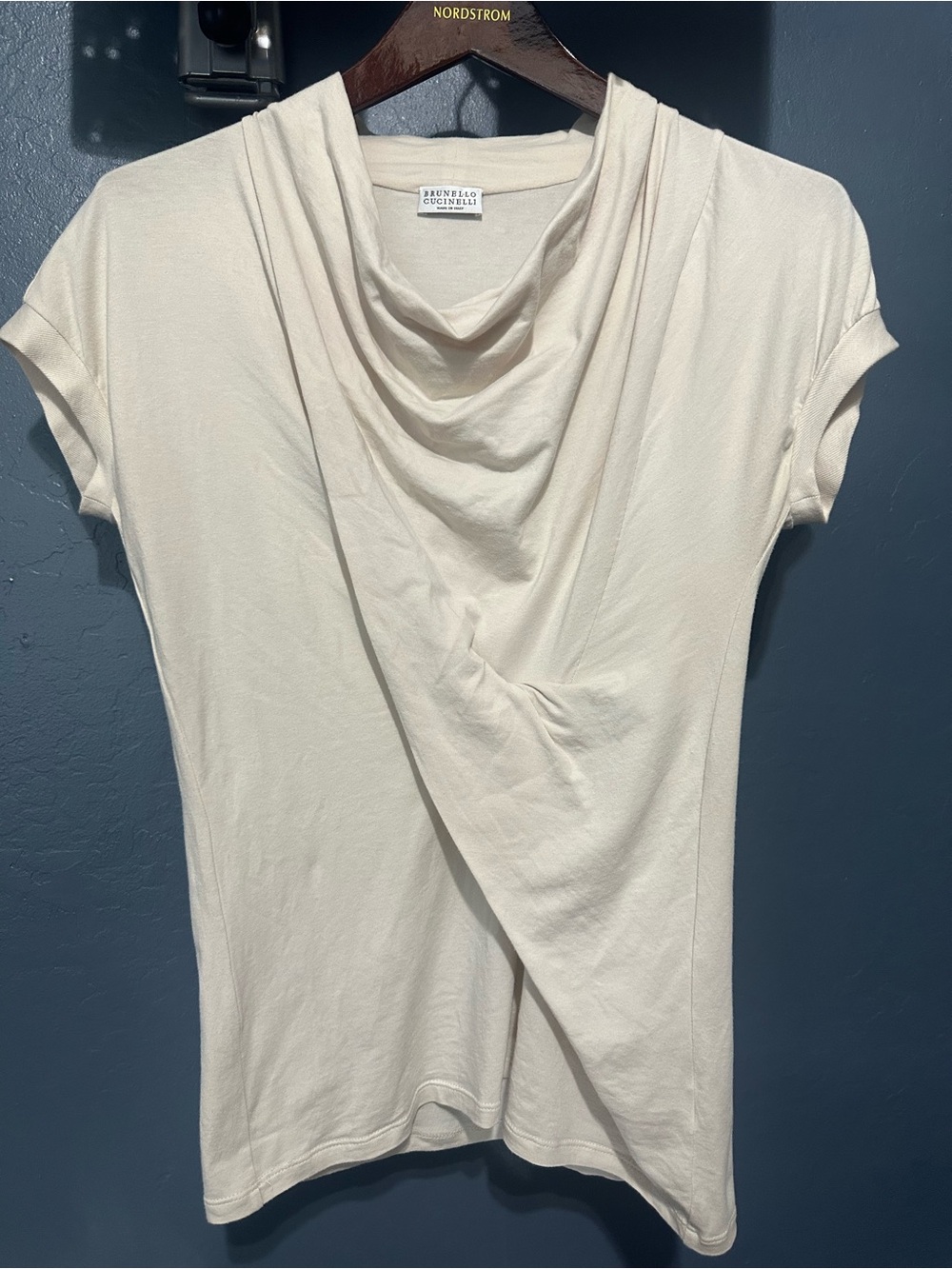 Brunello Cucinelli Cream Draped Cowl Short-Sleeve Top